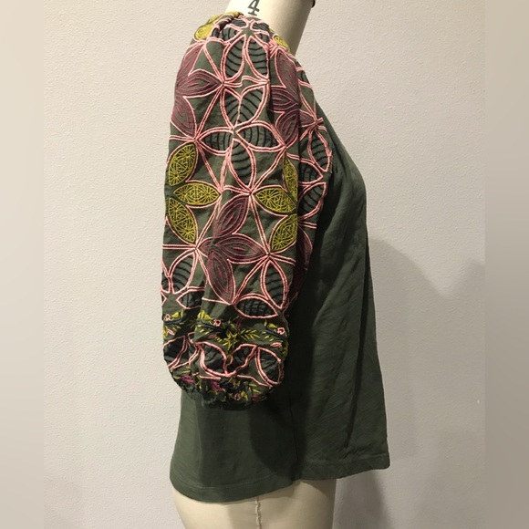 S ANTHROPOLOGIE Puffy Floral Green Shirt spring blouse - Picture 3 of 5